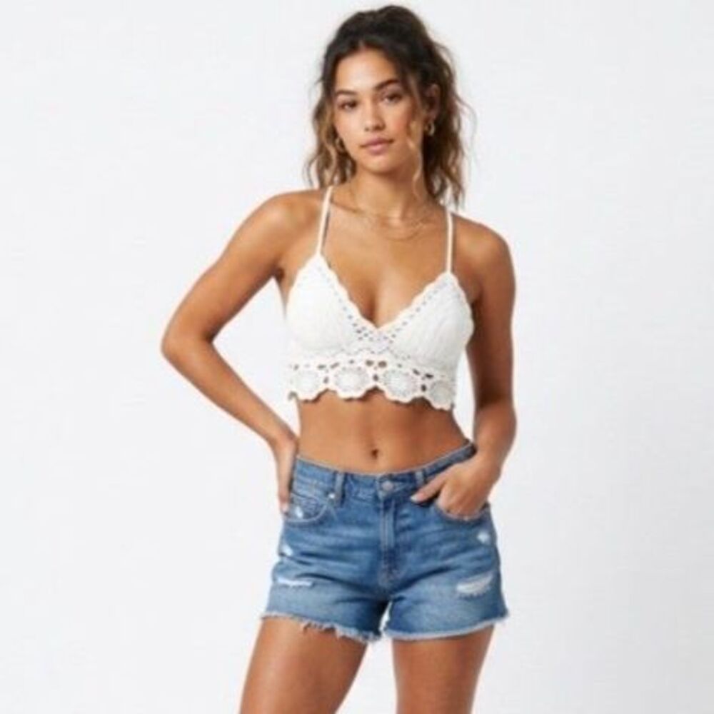 Aerie Women's White Crochet Lace Long Line Triangle Festival Bralette Size M